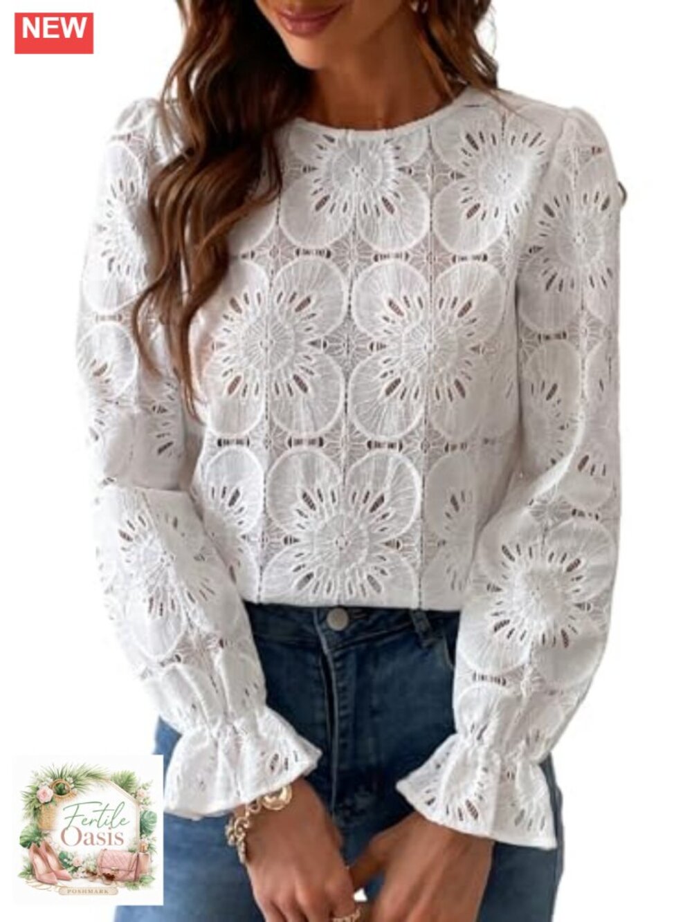 Lace Eyelet Puff Sleeve Blouse Sheer Floral Embroidery Cotton Nylon